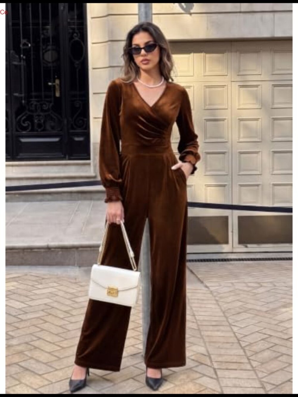 Velvet V-Neck Long Sleeve Wide Leg Jumpsuit with Pockets - Picture 4 of 6